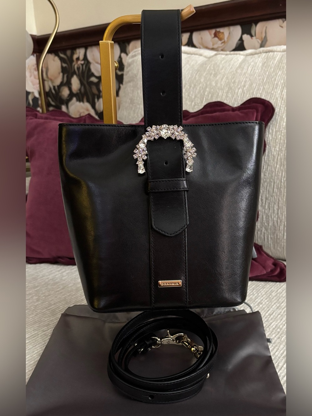 Brahmin Luxe Faith Black Topsail Swarovski Crystal Bucket Bag Crossbody